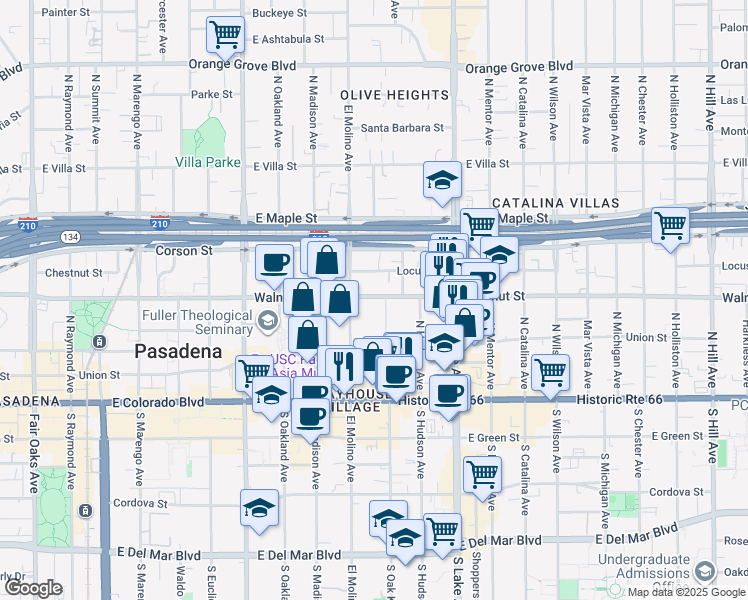 map of restaurants, bars, coffee shops, grocery stores, and more near 178 North Oak Knoll Avenue in Pasadena