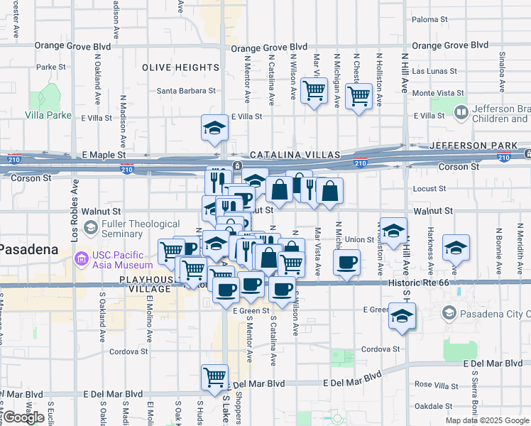 map of restaurants, bars, coffee shops, grocery stores, and more near 1000 East Walnut Street in Pasadena