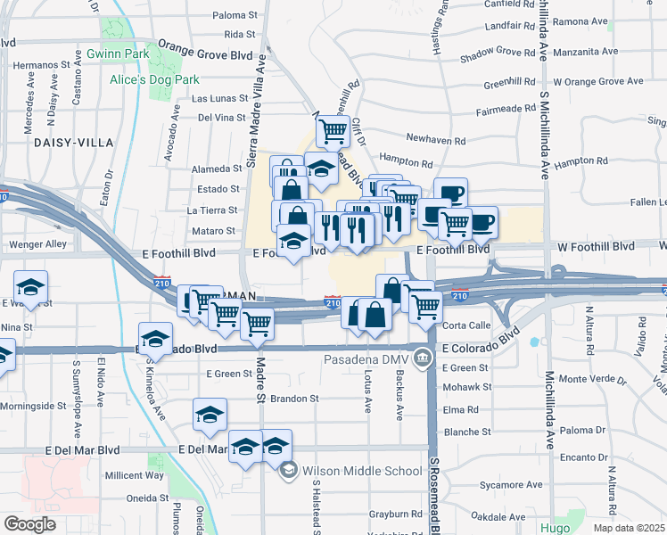 map of restaurants, bars, coffee shops, grocery stores, and more near 150 North Halstead Street in Pasadena