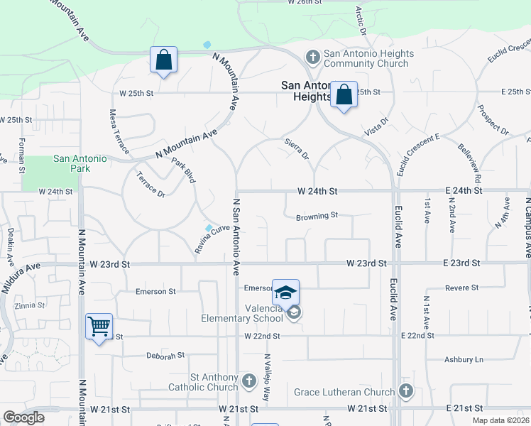 map of restaurants, bars, coffee shops, grocery stores, and more near 2368 North Vallejo Way in Upland