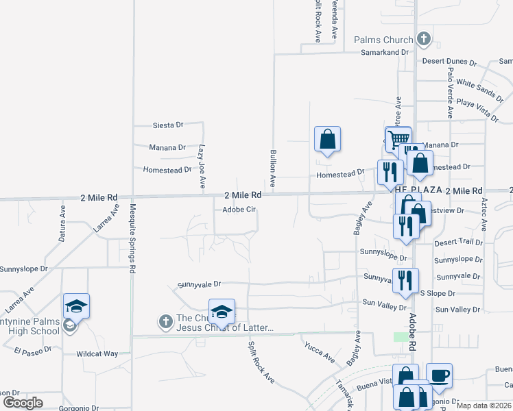 map of restaurants, bars, coffee shops, grocery stores, and more near 73200 2 Mile Road in Twentynine Palms