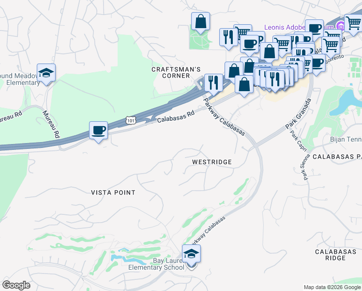 map of restaurants, bars, coffee shops, grocery stores, and more near 24247 Park Granada in Calabasas