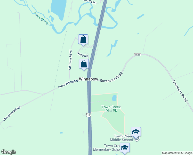 map of restaurants, bars, coffee shops, grocery stores, and more near 20 Governors Road Southeast in Winnabow