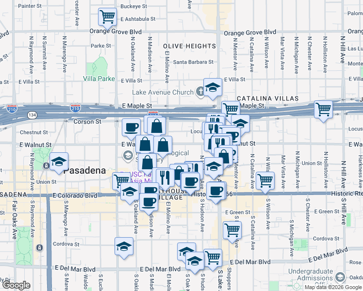 map of restaurants, bars, coffee shops, grocery stores, and more near 712 East Walnut Street in Pasadena