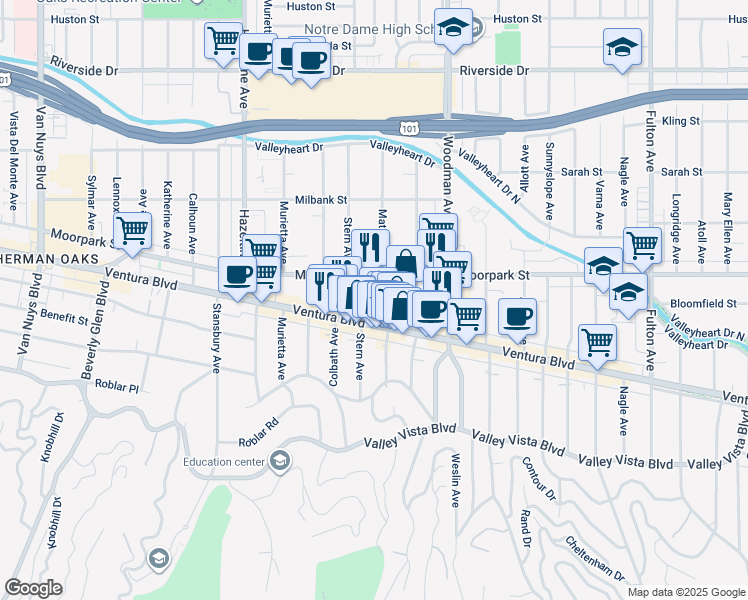 map of restaurants, bars, coffee shops, grocery stores, and more near 4321 Matilija Avenue in Los Angeles