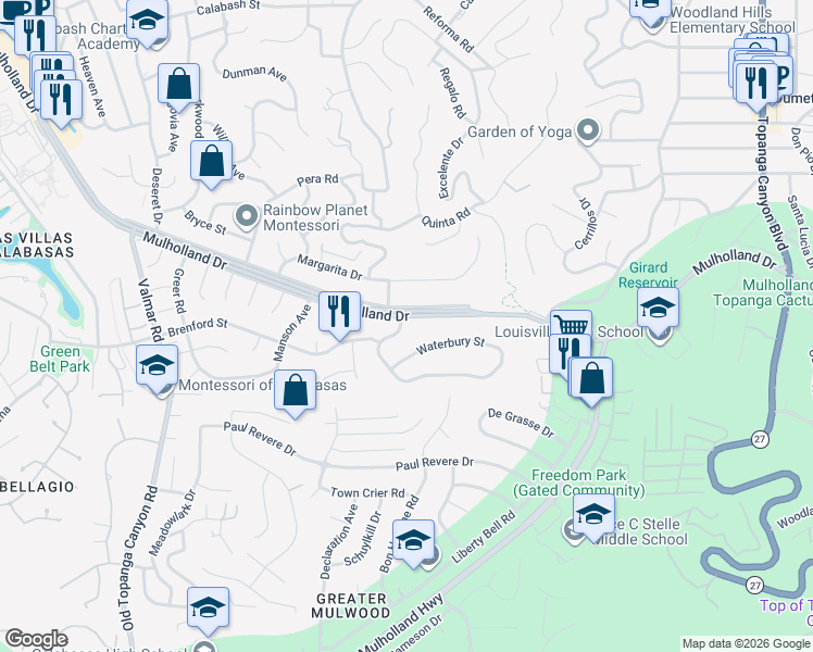 map of restaurants, bars, coffee shops, grocery stores, and more near 22781 Flamingo Street in Los Angeles