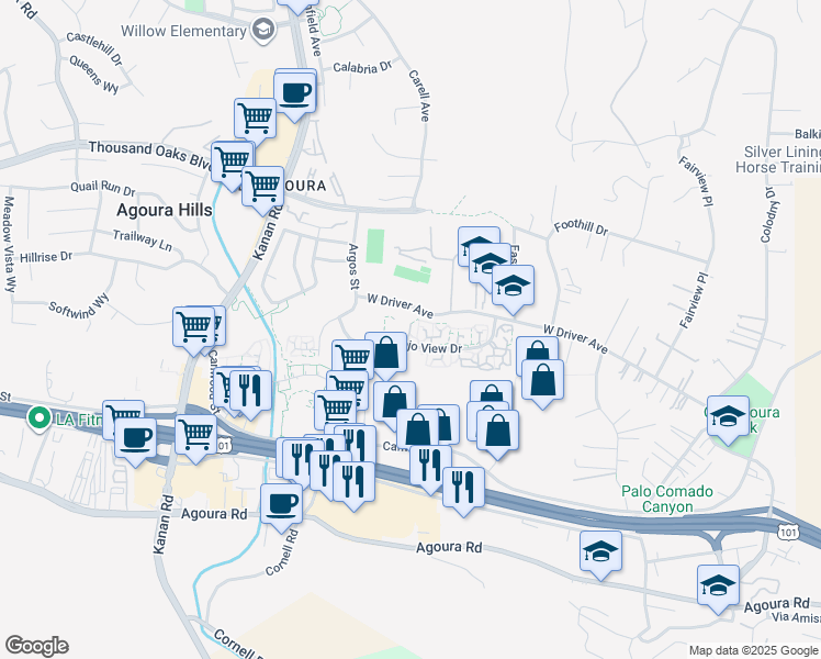 map of restaurants, bars, coffee shops, grocery stores, and more near 28727 Conejo View Drive in Agoura Hills