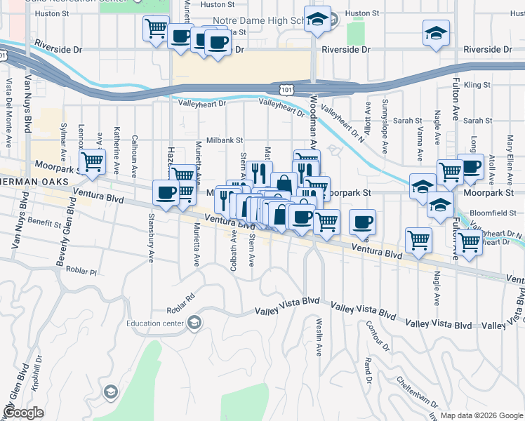 map of restaurants, bars, coffee shops, grocery stores, and more near 4321 Matilija Avenue in Los Angeles