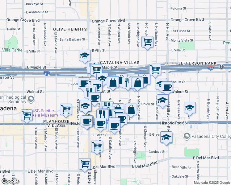 map of restaurants, bars, coffee shops, grocery stores, and more near 1056 East Walnut Street in Pasadena