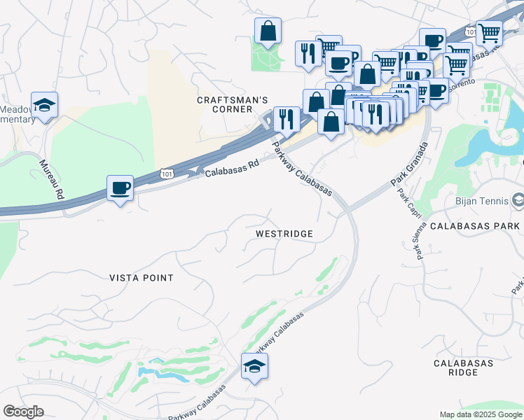 map of restaurants, bars, coffee shops, grocery stores, and more near 24215 Park Granada in Calabasas