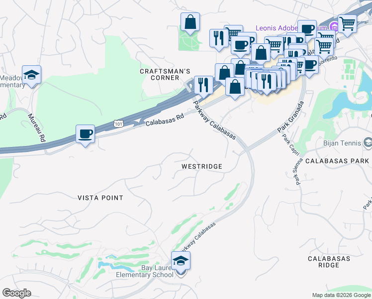 map of restaurants, bars, coffee shops, grocery stores, and more near 24215 Park Granada in Calabasas
