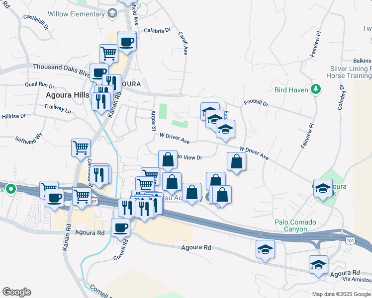 map of restaurants, bars, coffee shops, grocery stores, and more near 28723 Conejo View Drive in Agoura Hills