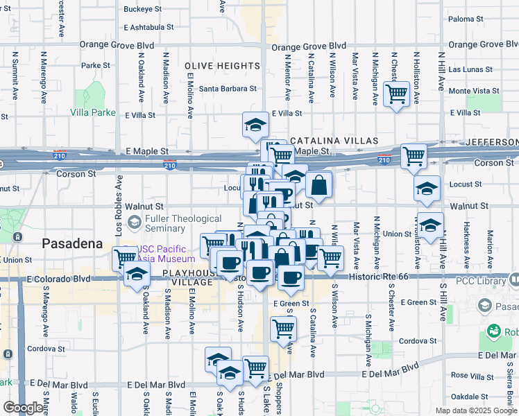 map of restaurants, bars, coffee shops, grocery stores, and more near 888 East Walnut Street in Pasadena