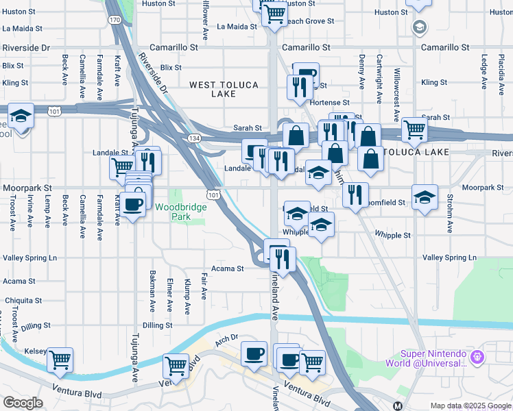 map of restaurants, bars, coffee shops, grocery stores, and more near 11032 Moorpark Street in Los Angeles