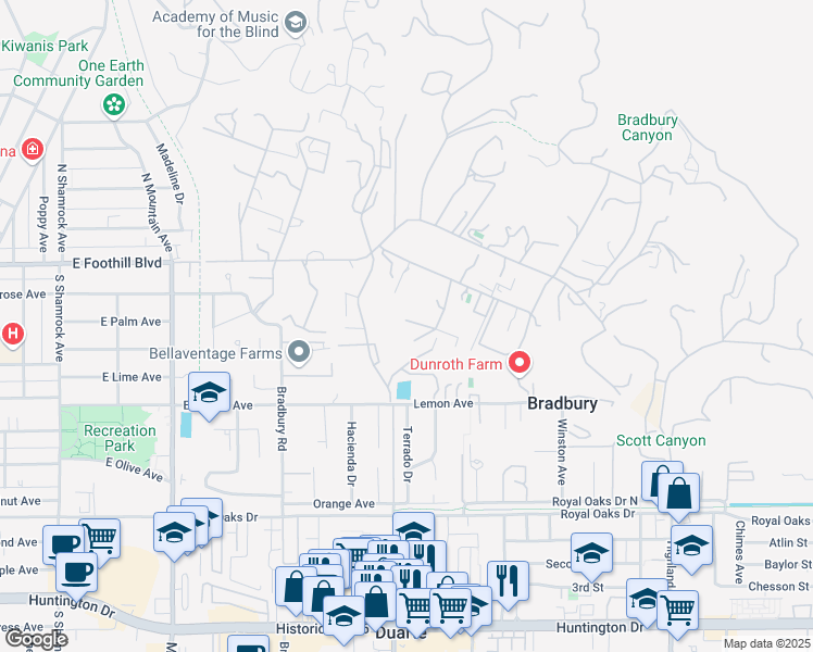 map of restaurants, bars, coffee shops, grocery stores, and more near 165 Circle Drive in Bradbury