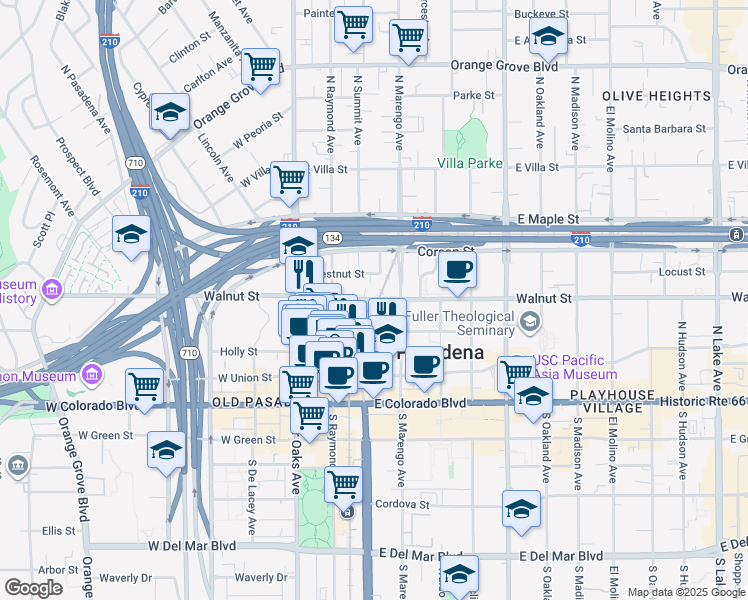 map of restaurants, bars, coffee shops, grocery stores, and more near 170 East Walnut Street in Pasadena