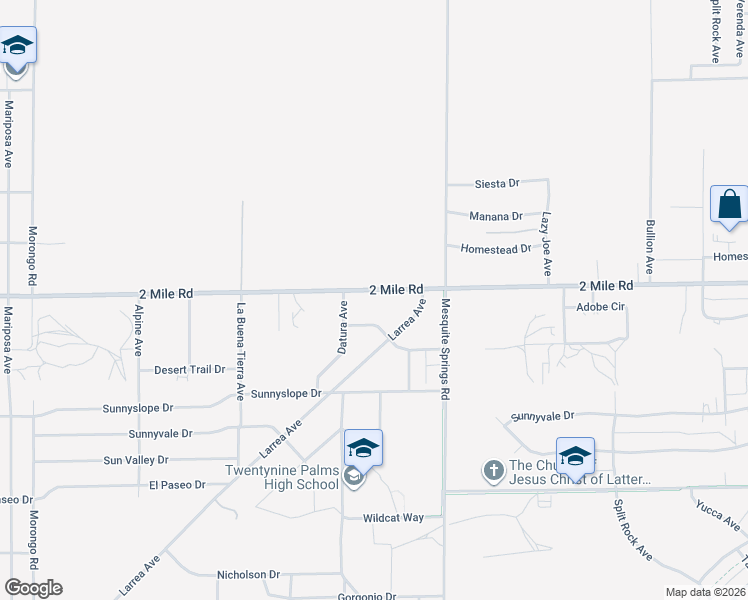 map of restaurants, bars, coffee shops, grocery stores, and more near 72757 2 Mile Road in Twentynine Palms