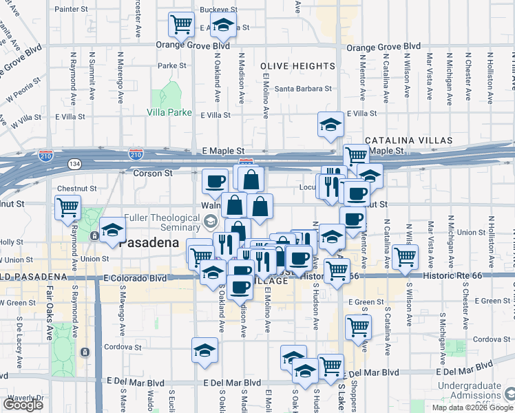 map of restaurants, bars, coffee shops, grocery stores, and more near 630 East Walnut Street in Pasadena
