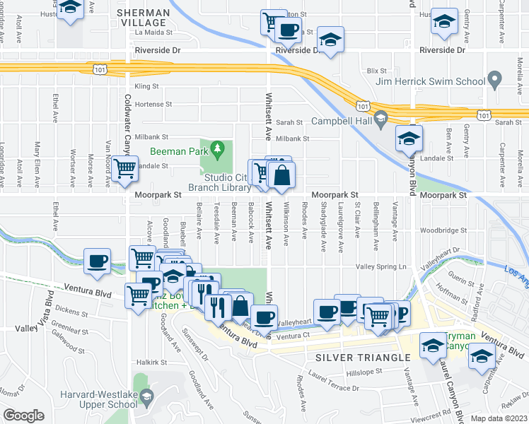 map of restaurants, bars, coffee shops, grocery stores, and more near 4325 Whitsett Avenue in Los Angeles