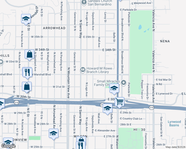 map of restaurants, bars, coffee shops, grocery stores, and more near Sepulveda Avenue North & East Marshall Boulevard in San Bernardino