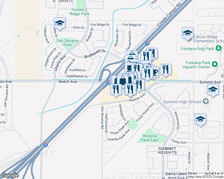 map of restaurants, bars, coffee shops, grocery stores, and more near 14960 Summit Avenue in Fontana