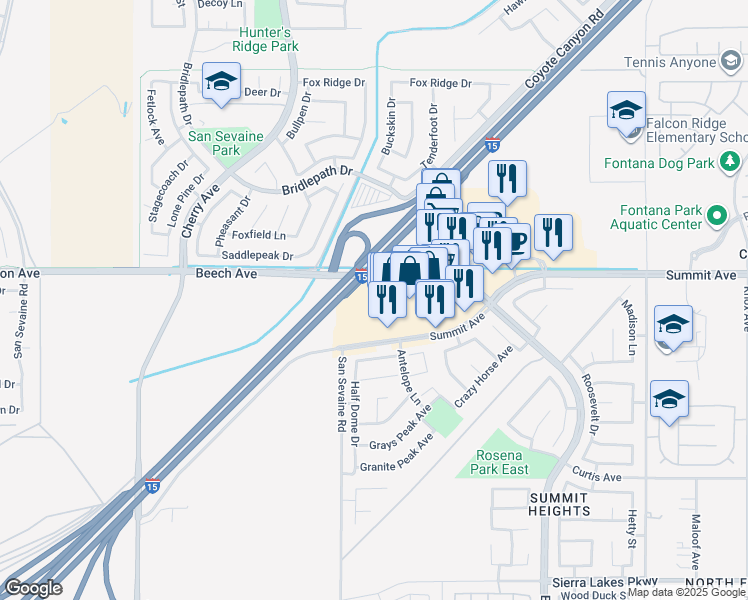 map of restaurants, bars, coffee shops, grocery stores, and more near 14960 Summit Avenue in Fontana