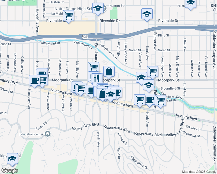 map of restaurants, bars, coffee shops, grocery stores, and more near 4346 Ventura Canyon Avenue in Los Angeles