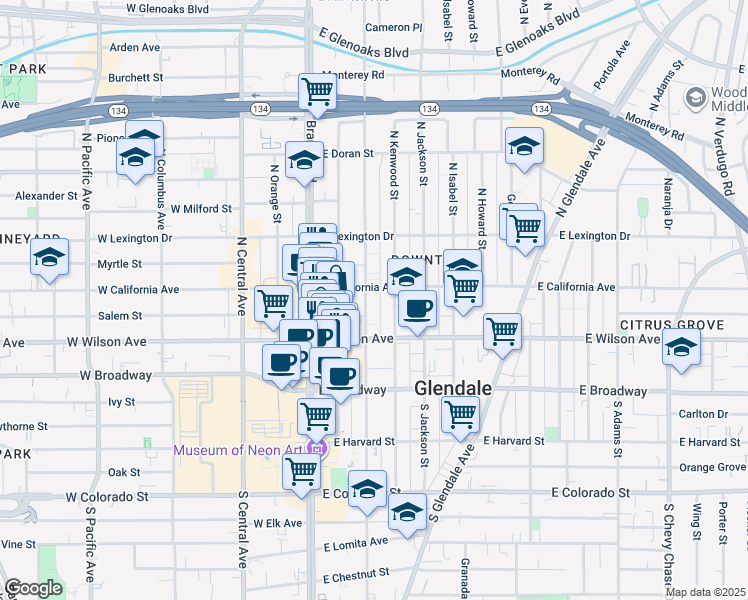 map of restaurants, bars, coffee shops, grocery stores, and more near 236 North Louise Street in Glendale