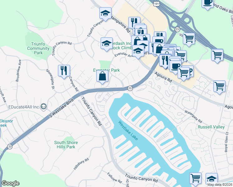 map of restaurants, bars, coffee shops, grocery stores, and more near 1152 South Westlake Boulevard in Westlake Village