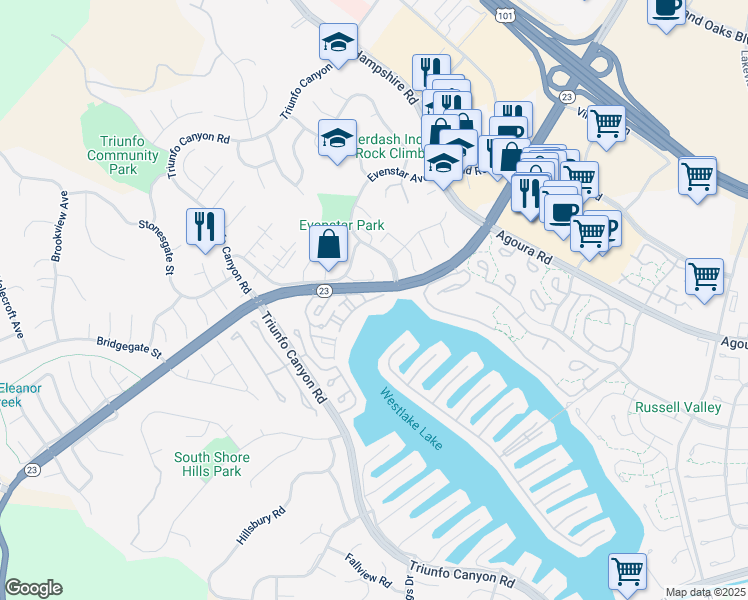 map of restaurants, bars, coffee shops, grocery stores, and more near 1152 South Westlake Boulevard in Westlake Village