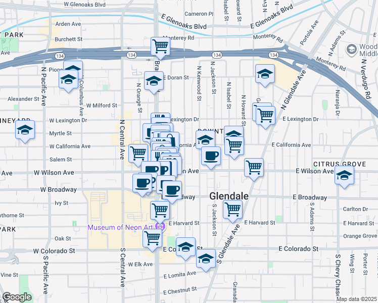 map of restaurants, bars, coffee shops, grocery stores, and more near 236 North Louise Street in Glendale
