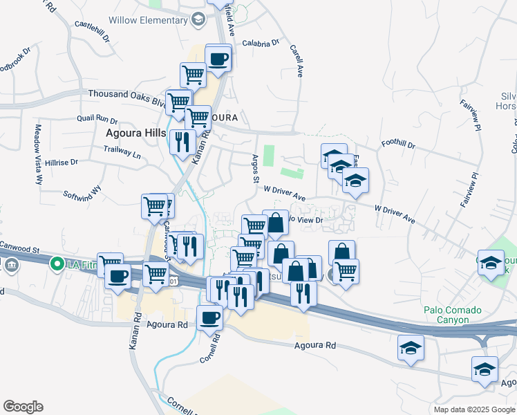 map of restaurants, bars, coffee shops, grocery stores, and more near 28875 Conejo View Drive in Agoura Hills