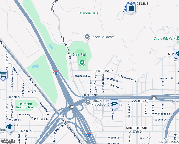 map of restaurants, bars, coffee shops, grocery stores, and more near 1417 West Marshall Boulevard in San Bernardino