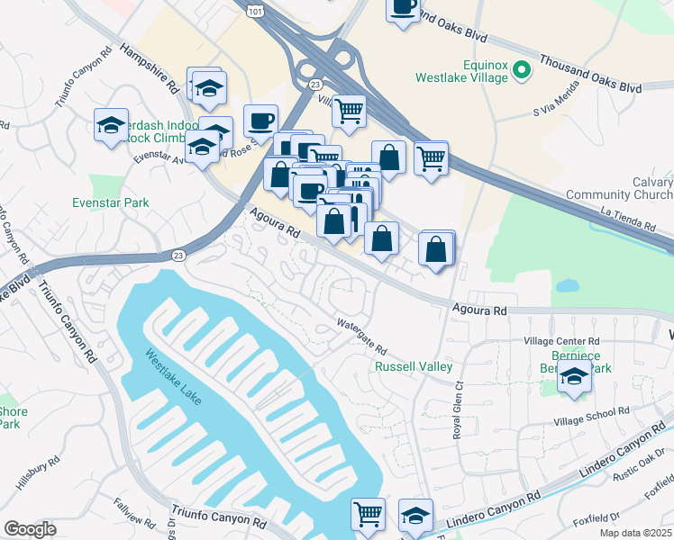 map of restaurants, bars, coffee shops, grocery stores, and more near 2853 Instone Court in Westlake Village