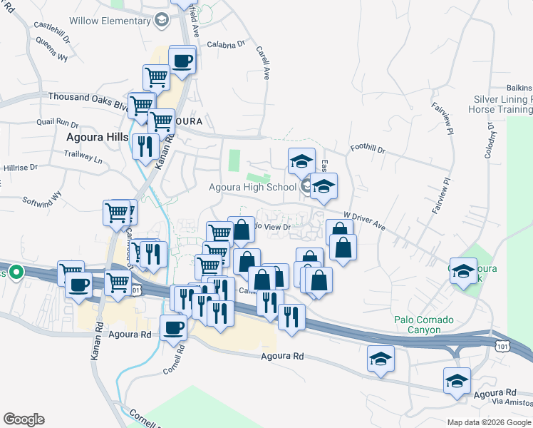 map of restaurants, bars, coffee shops, grocery stores, and more near 28633 Conejo View Drive in Agoura Hills