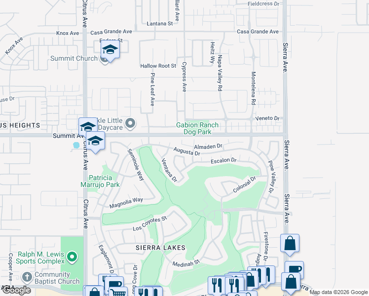 map of restaurants, bars, coffee shops, grocery stores, and more near 16466 Tierra Lane in Fontana