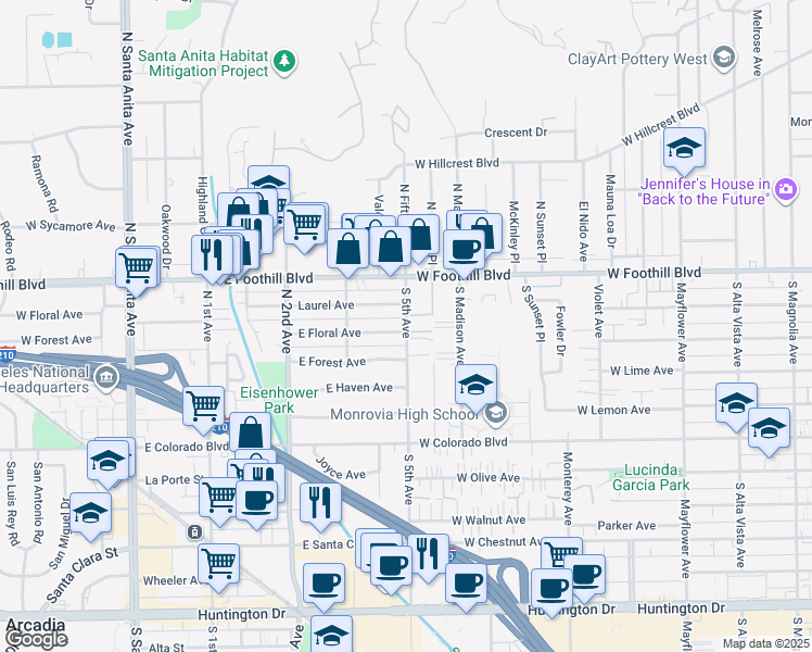 map of restaurants, bars, coffee shops, grocery stores, and more near 222 Fifth Avenue in Monrovia