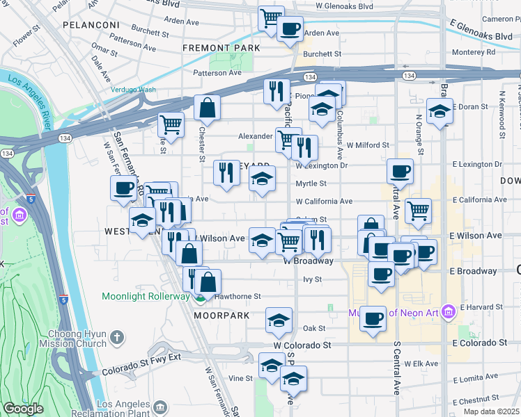 map of restaurants, bars, coffee shops, grocery stores, and more near 529 Salem Street in Glendale