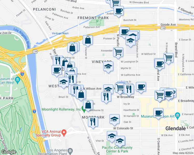 map of restaurants, bars, coffee shops, grocery stores, and more near 615 Salem Street in Glendale