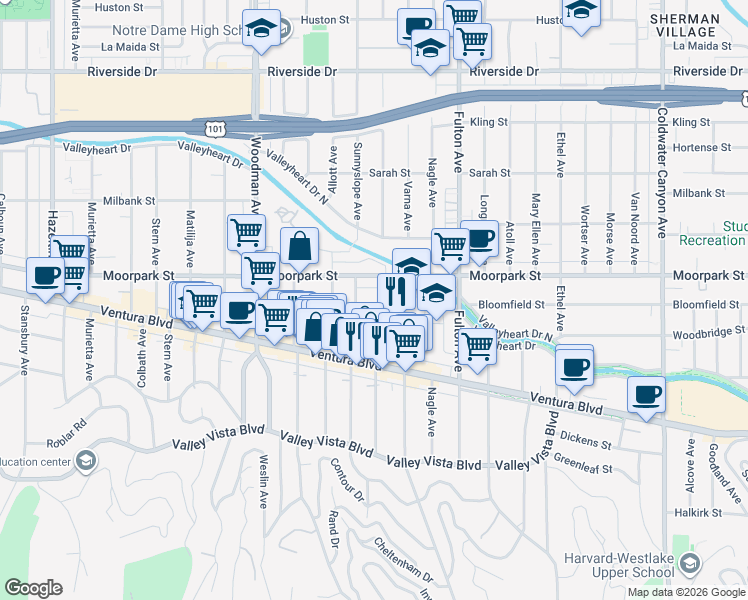 map of restaurants, bars, coffee shops, grocery stores, and more near 4300 Sunnyslope Avenue in Los Angeles