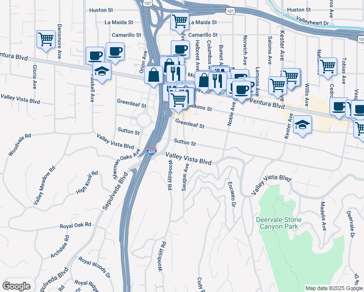 map of restaurants, bars, coffee shops, grocery stores, and more near 15289 Valley Vista Boulevard in Los Angeles