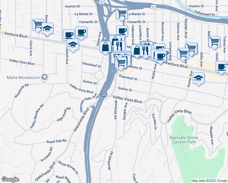 map of restaurants, bars, coffee shops, grocery stores, and more near 15289 Valley Vista Boulevard in Los Angeles