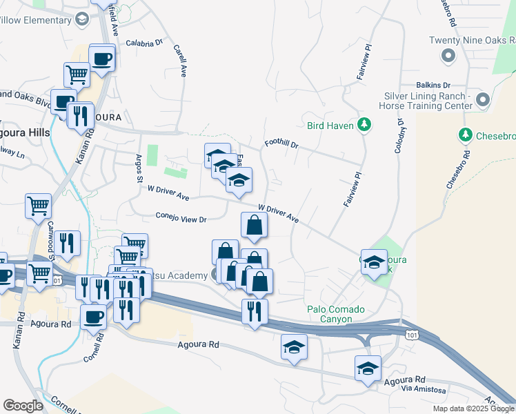 map of restaurants, bars, coffee shops, grocery stores, and more near 28518 West Driver Avenue in Agoura Hills