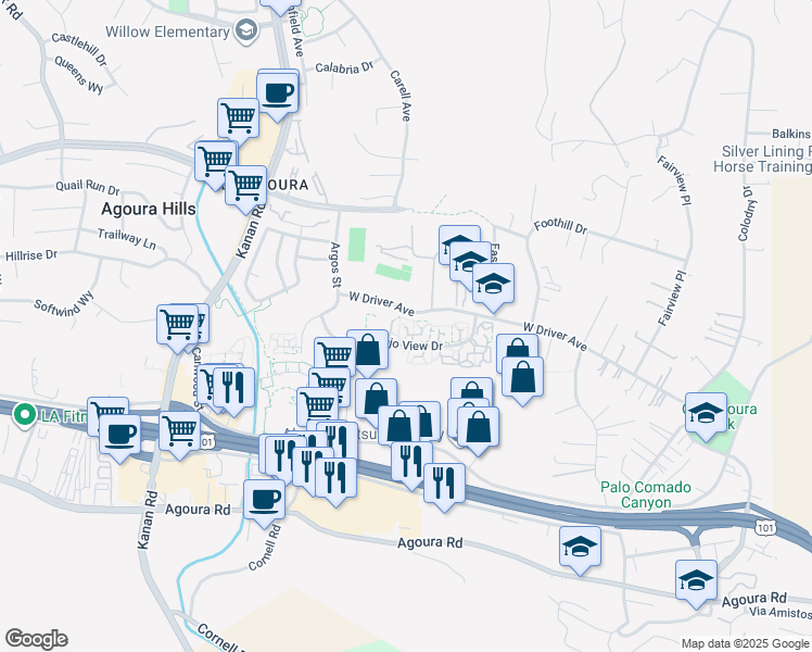 map of restaurants, bars, coffee shops, grocery stores, and more near 28727 Conejo View Drive in Agoura Hills