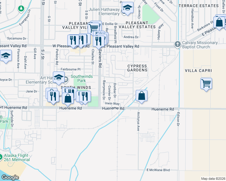map of restaurants, bars, coffee shops, grocery stores, and more near 5503 Conner Drive in Oxnard