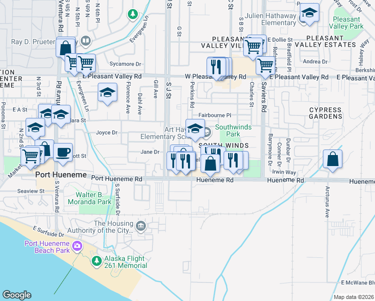 map of restaurants, bars, coffee shops, grocery stores, and more near 631 Cuesta Del Mar Drive in Oxnard