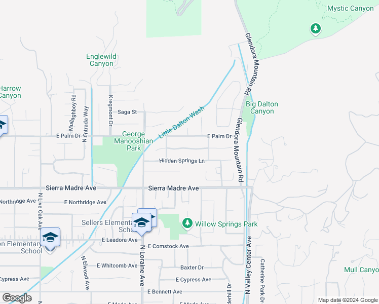 map of restaurants, bars, coffee shops, grocery stores, and more near 1256 Indian Springs Drive in Glendora