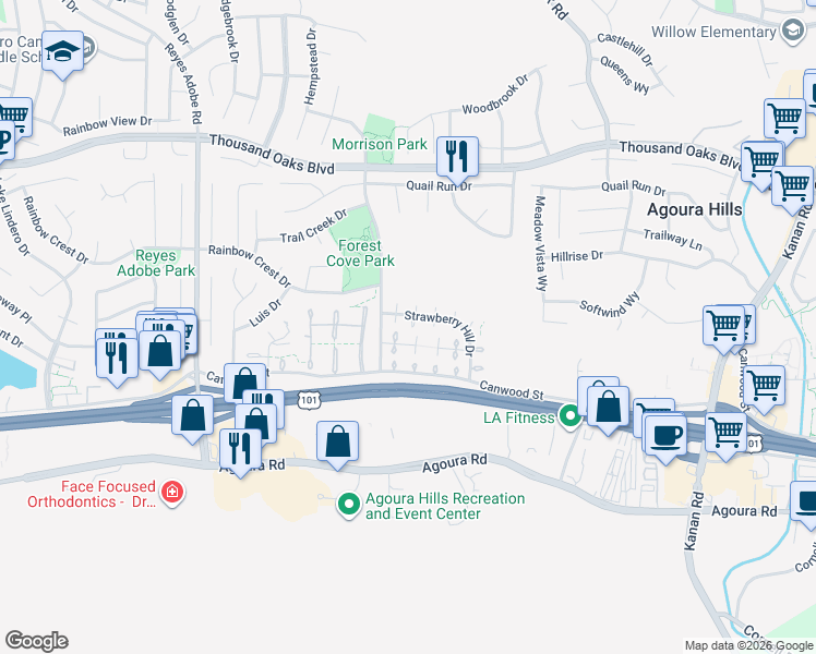 map of restaurants, bars, coffee shops, grocery stores, and more near 29732 Strawberry Hill Drive in Agoura Hills