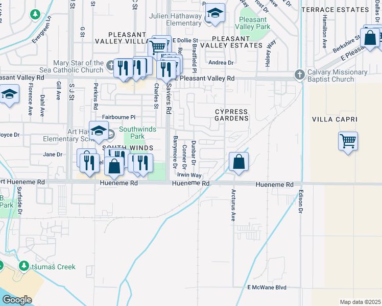 map of restaurants, bars, coffee shops, grocery stores, and more near 5503 Conner Drive in Oxnard