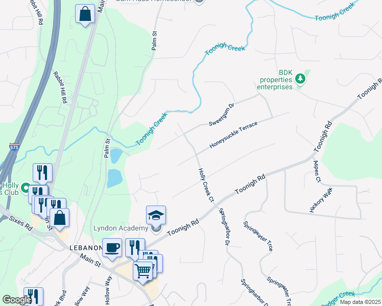 map of restaurants, bars, coffee shops, grocery stores, and more near 113 Holly Creek Court in Woodstock